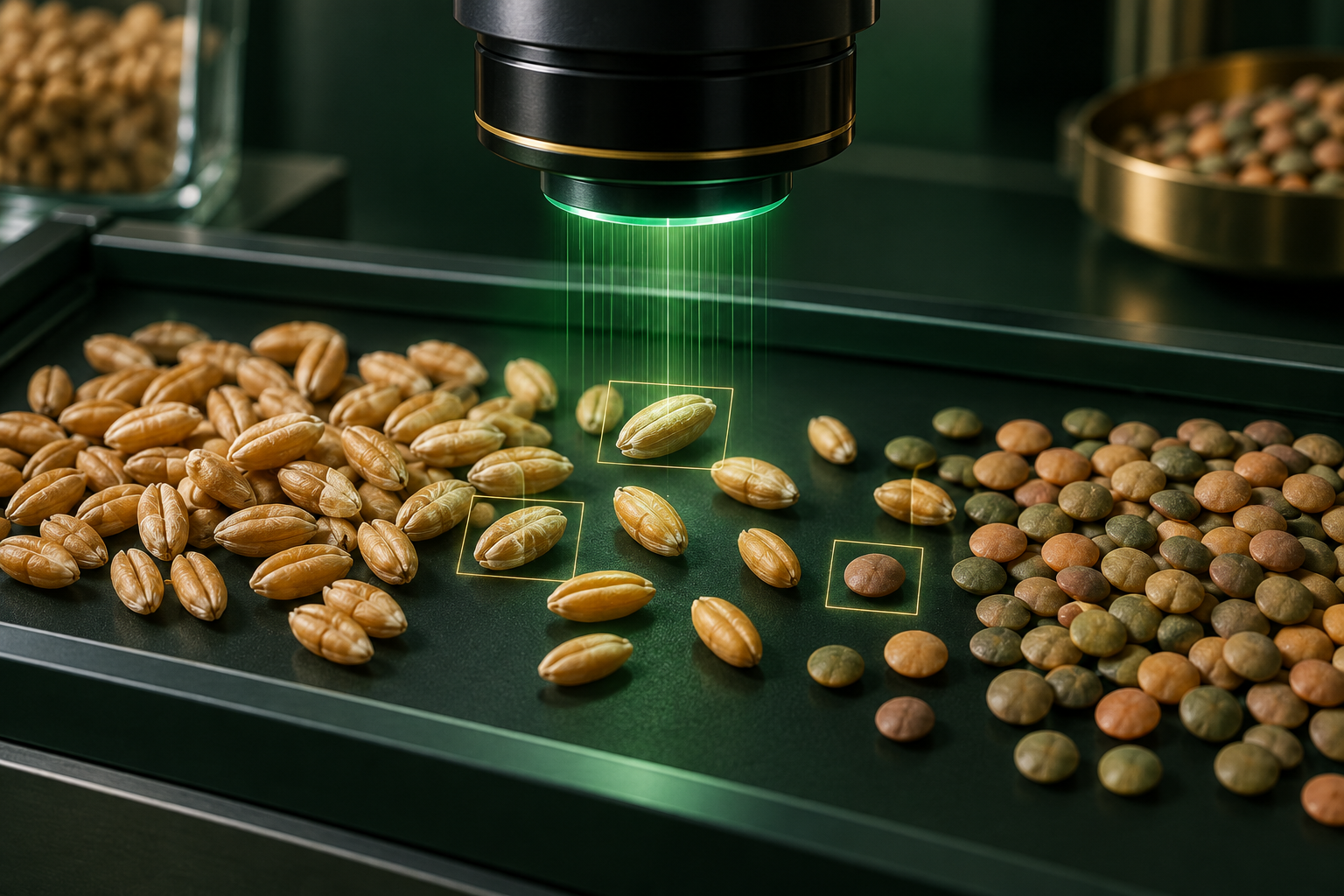 Concept illustration of machine vision inspecting wheat and pulse samples